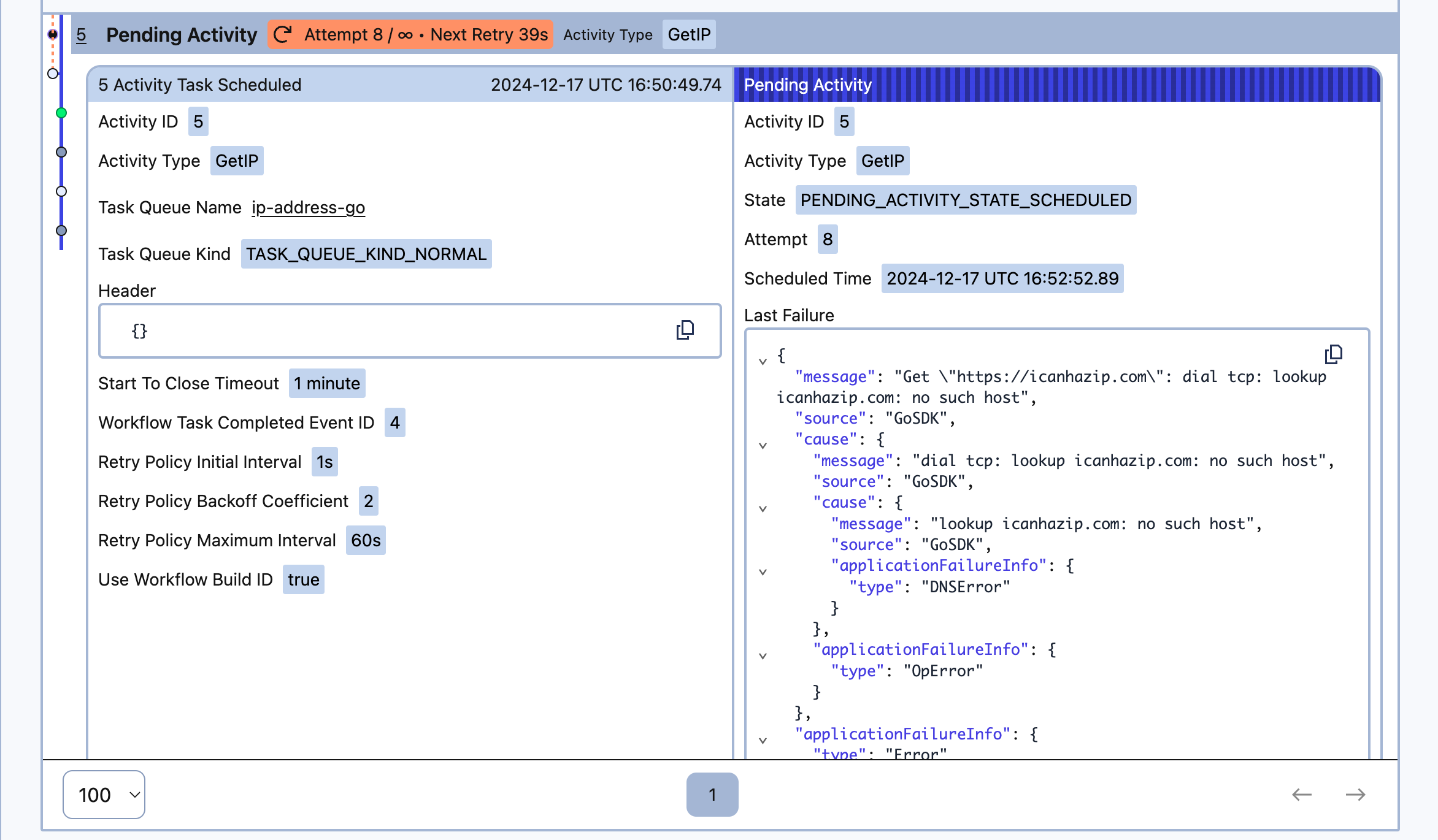 The Activity stack trace shows the error